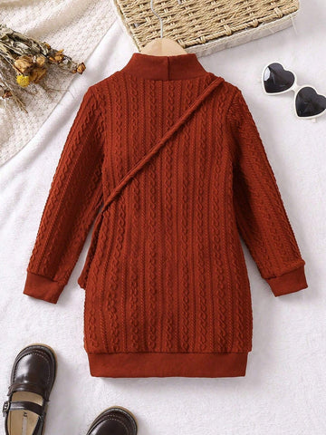 Young Girls' Knitted Jacquard Textured 3D Embossed Floral Dress, Comfortable & Warm, Versatile For Spring, Winter And Fall
