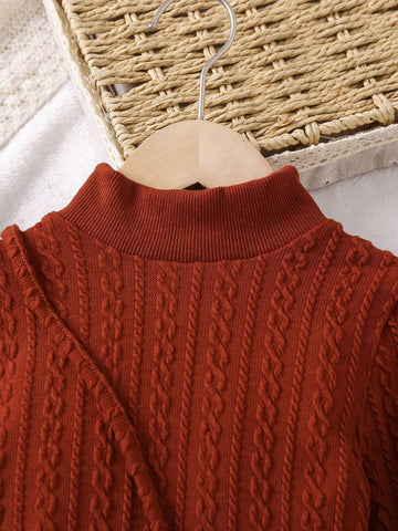 Young Girls' Knitted Jacquard Textured 3D Embossed Floral Dress, Comfortable & Warm, Versatile For Spring, Winter And Fall