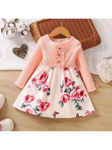 Young Girls Knitted Ribbed Patchwork & Print Long Sleeve Dress, Autumn/Spring