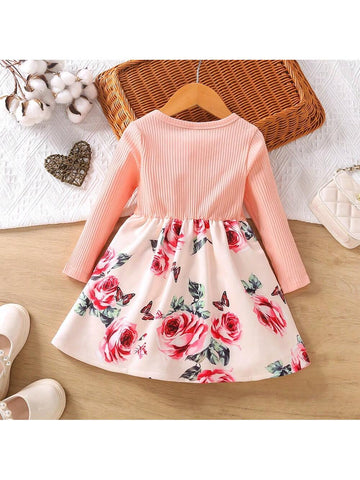 Young Girls Knitted Ribbed Patchwork & Print Long Sleeve Dress, Autumn/Spring