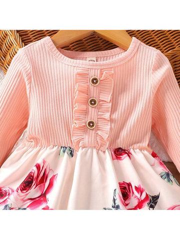 Young Girls Knitted Ribbed Patchwork & Print Long Sleeve Dress, Autumn/Spring