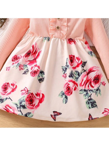 Young Girls Knitted Ribbed Patchwork & Print Long Sleeve Dress, Autumn/Spring
