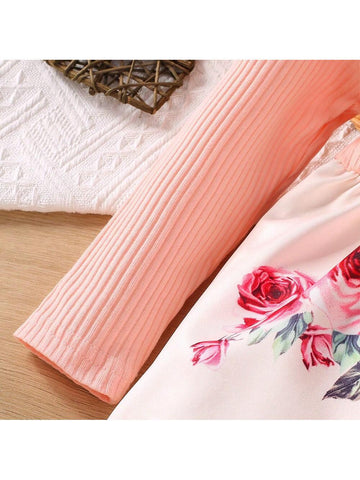 Young Girls Knitted Ribbed Patchwork & Print Long Sleeve Dress, Autumn/Spring
