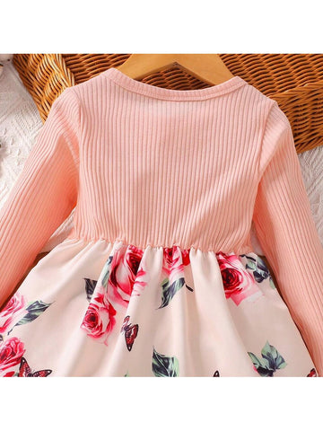 Young Girls Knitted Ribbed Patchwork & Print Long Sleeve Dress, Autumn/Spring