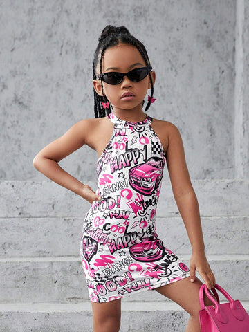 Young Girls Knitted Sleeveless Bodycon Letter Pattern Casual Dress