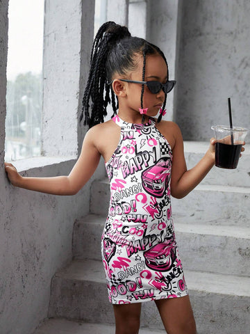 Young Girls Knitted Sleeveless Bodycon Letter Pattern Casual Dress