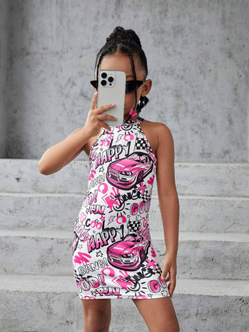 Young Girls Knitted Sleeveless Bodycon Letter Pattern Casual Dress