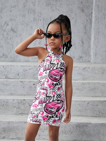 Young Girls Knitted Sleeveless Bodycon Letter Pattern Casual Dress