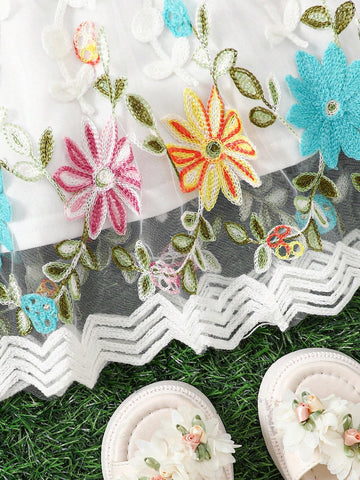 Young Girls' Knitted Sleeveless Halter Floral Embroidery Mesh Loose Casual Dress In Solid Color