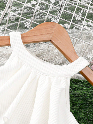 Young Girls' Knitted Sleeveless Halter Floral Embroidery Mesh Loose Casual Dress In Solid Color