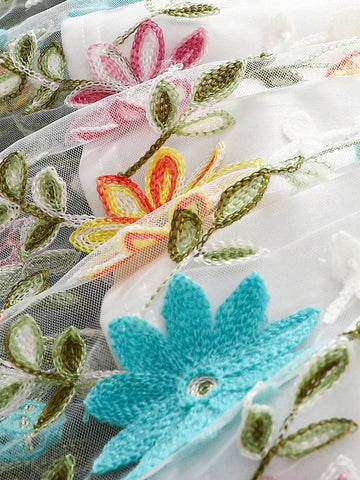 Young Girls' Knitted Sleeveless Halter Floral Embroidery Mesh Loose Casual Dress In Solid Color