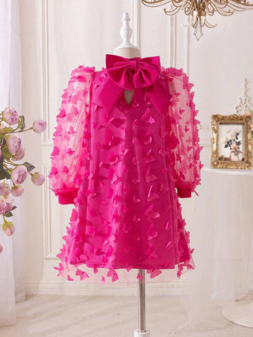 Young Girl's Knitted Solid Color Dress With Woven 3D Floral Mesh And Bubble Sleeves, Patchwork, Small Stand Collar