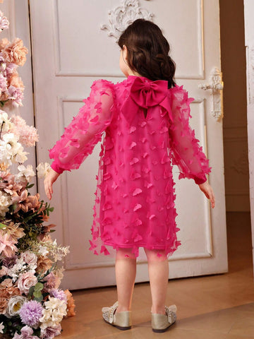 Young Girl's Knitted Solid Color Dress With Woven 3D Floral Mesh And Bubble Sleeves, Patchwork, Small Stand Collar
