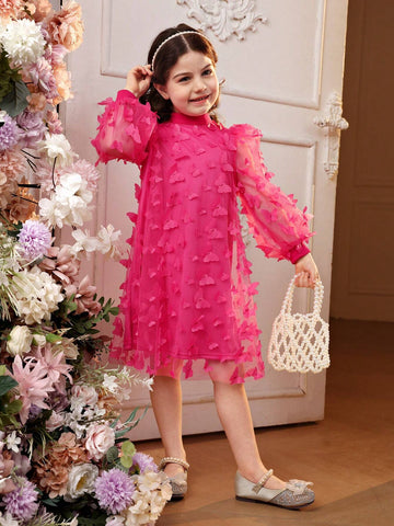 Young Girl's Knitted Solid Color Dress With Woven 3D Floral Mesh And Bubble Sleeves, Patchwork, Small Stand Collar
