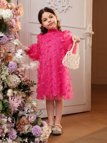 Young Girl's Knitted Solid Color Dress With Woven 3D Floral Mesh And Bubble Sleeves, Patchwork, Small Stand Collar