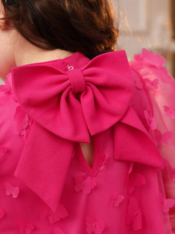 Young Girl's Knitted Solid Color Dress With Woven 3D Floral Mesh And Bubble Sleeves, Patchwork, Small Stand Collar