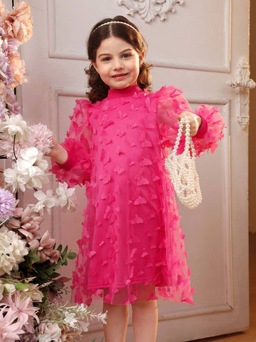 Young Girl's Knitted Solid Color Dress With Woven 3D Floral Mesh And Bubble Sleeves, Patchwork, Small Stand Collar