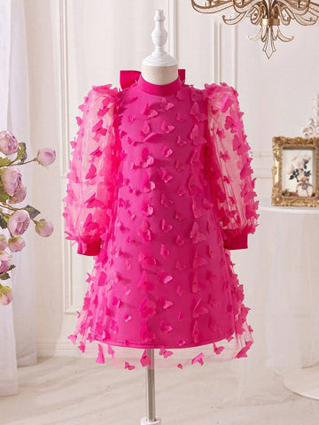 Young Girl's Knitted Solid Color Dress With Woven 3D Floral Mesh And Bubble Sleeves, Patchwork, Small Stand Collar