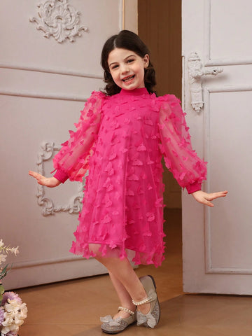 Young Girl's Knitted Solid Color Dress With Woven 3D Floral Mesh And Bubble Sleeves, Patchwork, Small Stand Collar