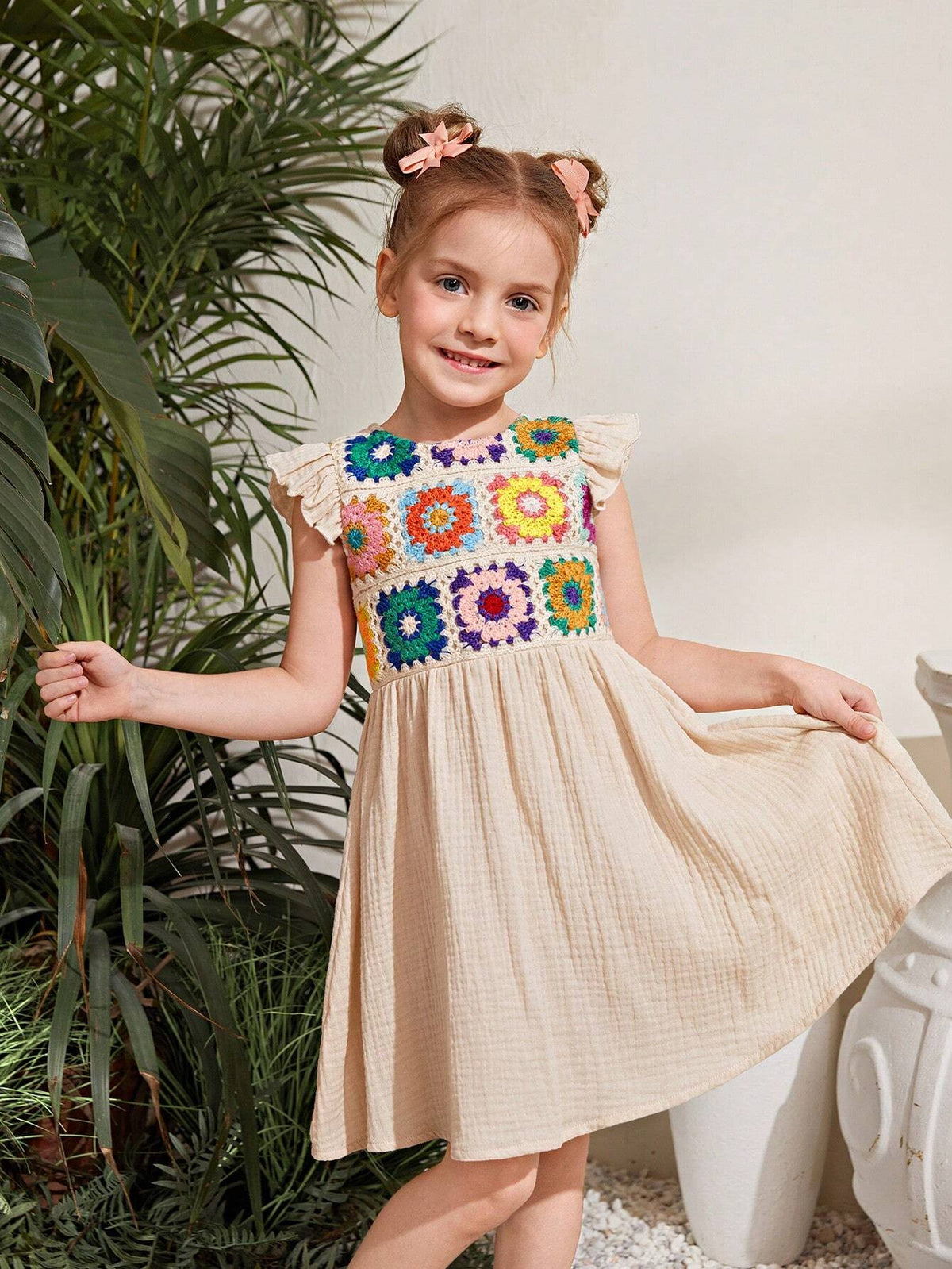Young Girl's Knitted Solid Color Round Neck Cap Sleeve Crochet Patchwork Casual Dress