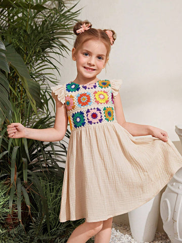 Young Girl's Knitted Solid Color Round Neck Cap Sleeve Crochet Patchwork Casual Dress