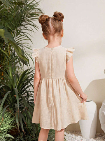 Young Girl's Knitted Solid Color Round Neck Cap Sleeve Crochet Patchwork Casual Dress