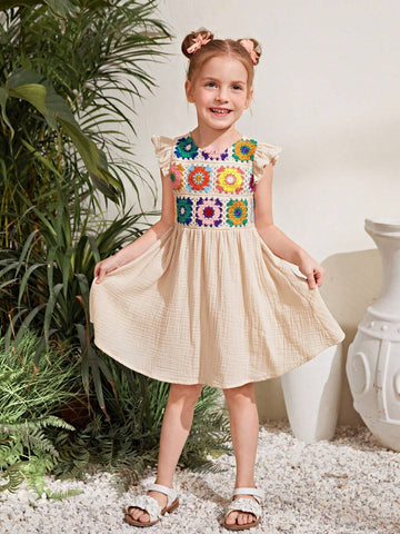 Young Girl's Knitted Solid Color Round Neck Cap Sleeve Crochet Patchwork Casual Dress