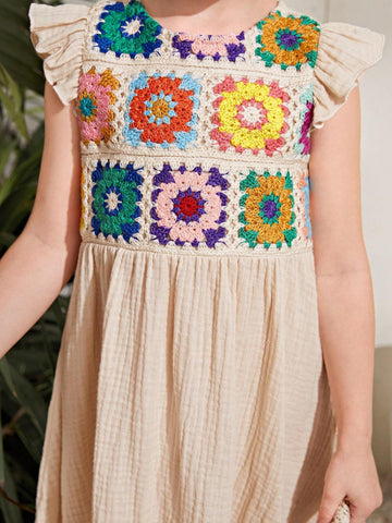 Young Girl's Knitted Solid Color Round Neck Cap Sleeve Crochet Patchwork Casual Dress