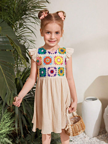 Young Girl's Knitted Solid Color Round Neck Cap Sleeve Crochet Patchwork Casual Dress