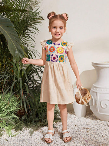 Young Girl's Knitted Solid Color Round Neck Cap Sleeve Crochet Patchwork Casual Dress