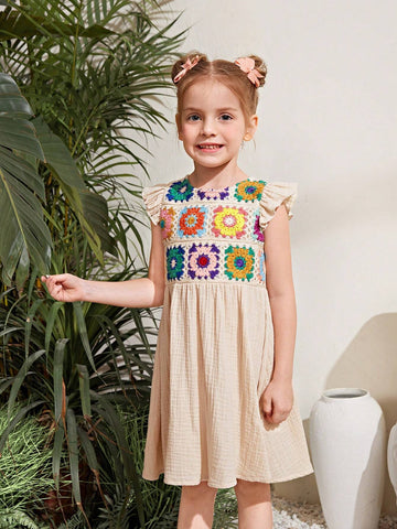 Young Girl's Knitted Solid Color Round Neck Cap Sleeve Crochet Patchwork Casual Dress