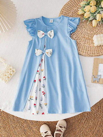 Young Girl's Knitted Solid Color Round Neck Cap Sleeve Dress With Woven Ditsy Floral Loose Fit Causal Dress