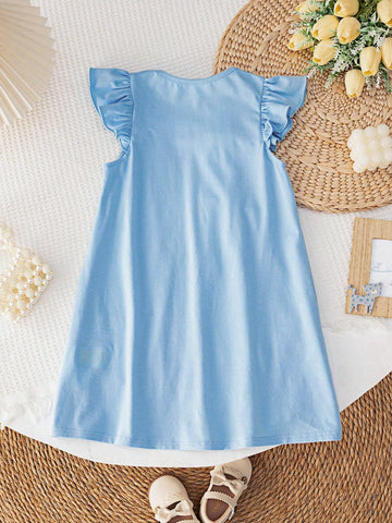 Young Girl's Knitted Solid Color Round Neck Cap Sleeve Dress With Woven Ditsy Floral Loose Fit Causal Dress