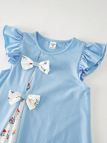 Young Girl's Knitted Solid Color Round Neck Cap Sleeve Dress With Woven Ditsy Floral Loose Fit Causal Dress