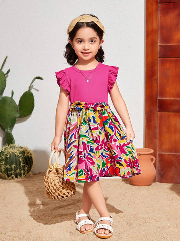 Young Girl's Knitted Solid Color Round Neck Dress With Ruffle Trim And Floral Patchwork Hemline