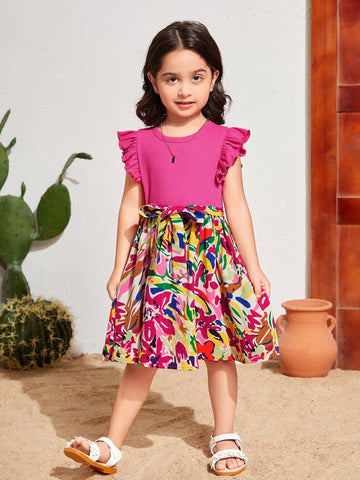 Young Girl's Knitted Solid Color Round Neck Dress With Ruffle Trim And Floral Patchwork Hemline