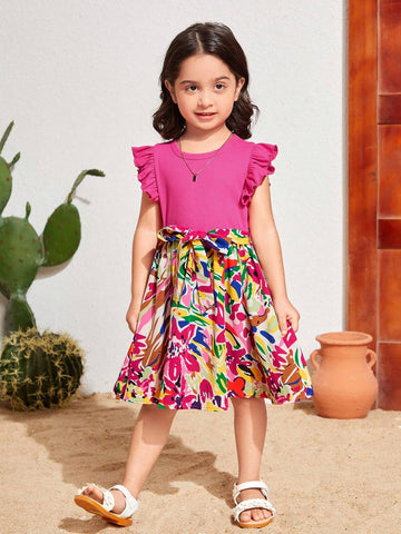 Young Girl's Knitted Solid Color Round Neck Dress With Ruffle Trim And Floral Patchwork Hemline
