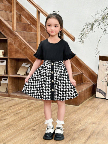 Young Girl's Knitted Solid Color Round Neck Dress With Ruffle Trim And Plaid Woven Bodice