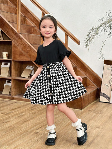 Young Girl's Knitted Solid Color Round Neck Dress With Ruffle Trim And Plaid Woven Bodice