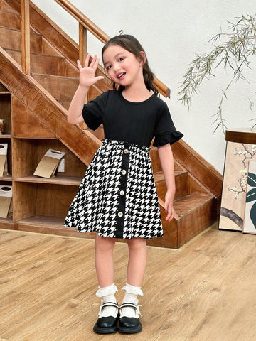 Young Girl's Knitted Solid Color Round Neck Dress With Ruffle Trim And Plaid Woven Bodice
