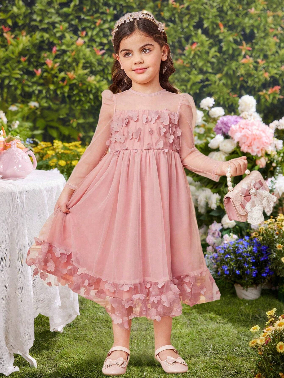 Young Girl's Knitted Solid Color Splice Mesh Bubble Long Sleeve Round Neck Fitted Casual Dress