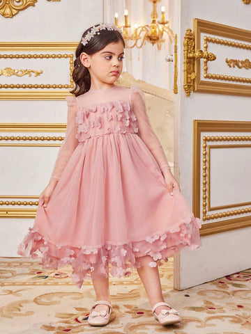 Young Girl's Knitted Solid Color Splice Mesh Bubble Long Sleeve Round Neck Fitted Casual Dress