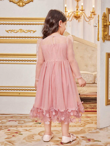 Young Girl's Knitted Solid Color Splice Mesh Bubble Long Sleeve Round Neck Fitted Casual Dress