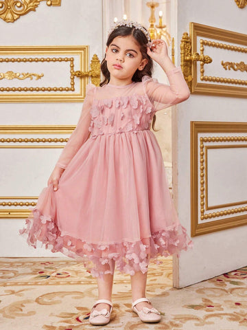 Young Girl's Knitted Solid Color Splice Mesh Bubble Long Sleeve Round Neck Fitted Casual Dress