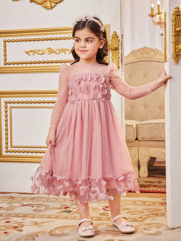 Young Girl's Knitted Solid Color Splice Mesh Bubble Long Sleeve Round Neck Fitted Casual Dress