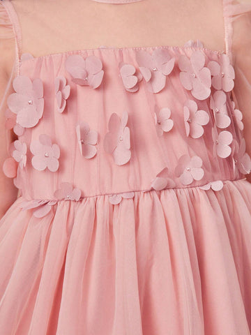 Young Girl's Knitted Solid Color Splice Mesh Bubble Long Sleeve Round Neck Fitted Casual Dress