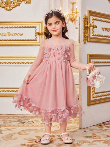 Young Girl's Knitted Solid Color Splice Mesh Bubble Long Sleeve Round Neck Fitted Casual Dress