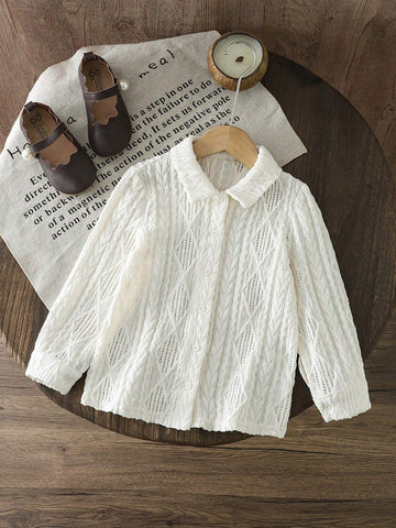 Young Girl's Knitted Solid Texture Fabric Lapel Loose Casual Blouse, Great For Casual & Daily Wear & School Daily In Autumn & Winter