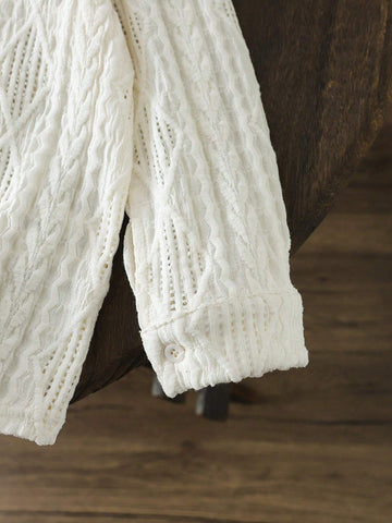 Young Girl's Knitted Solid Texture Fabric Lapel Loose Casual Blouse, Great For Casual & Daily Wear & School Daily In Autumn & Winter