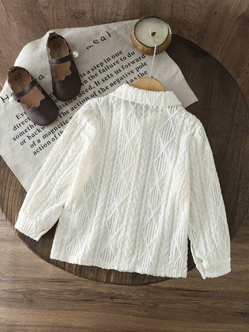 Young Girl's Knitted Solid Texture Fabric Lapel Loose Casual Blouse, Great For Casual & Daily Wear & School Daily In Autumn & Winter